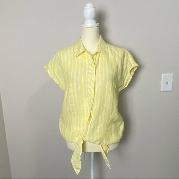 Talbots LINEN TIE HEM BUTTON FRONT TOP - SEASHORE STRIPE Women's Size Small - Picture 14 of 14